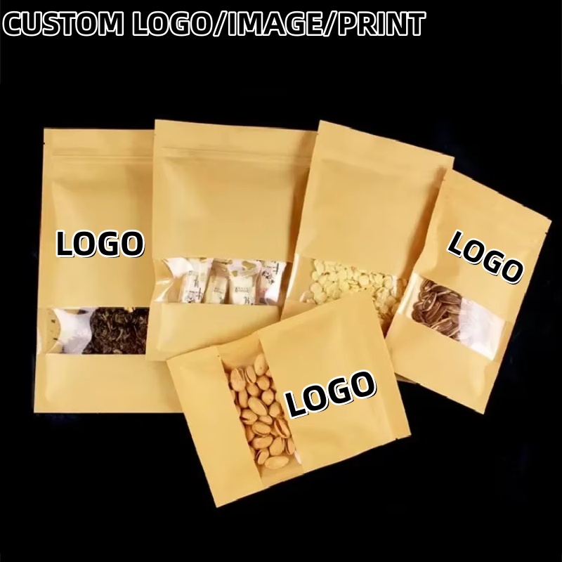 Food Snacks Logos - 평평한 바닥의 크라프트 종이 지퍼백, 투명